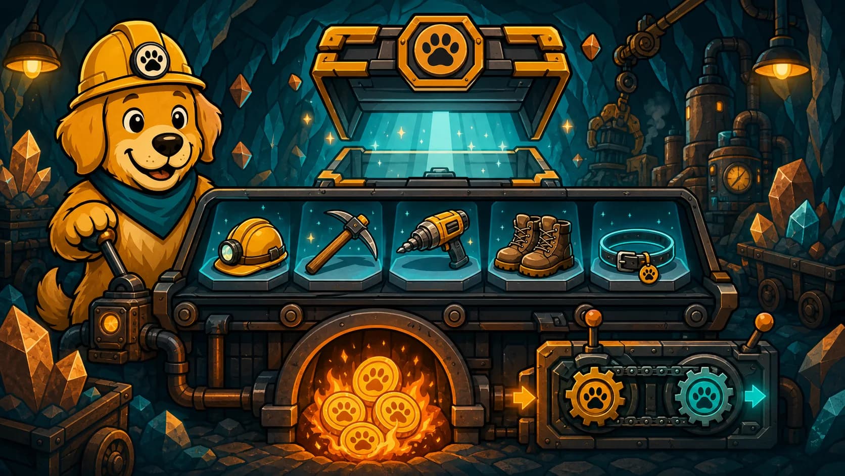 Doggy miners inspecting helmets, tools, boots, and accessories around a glowing Pack Crate