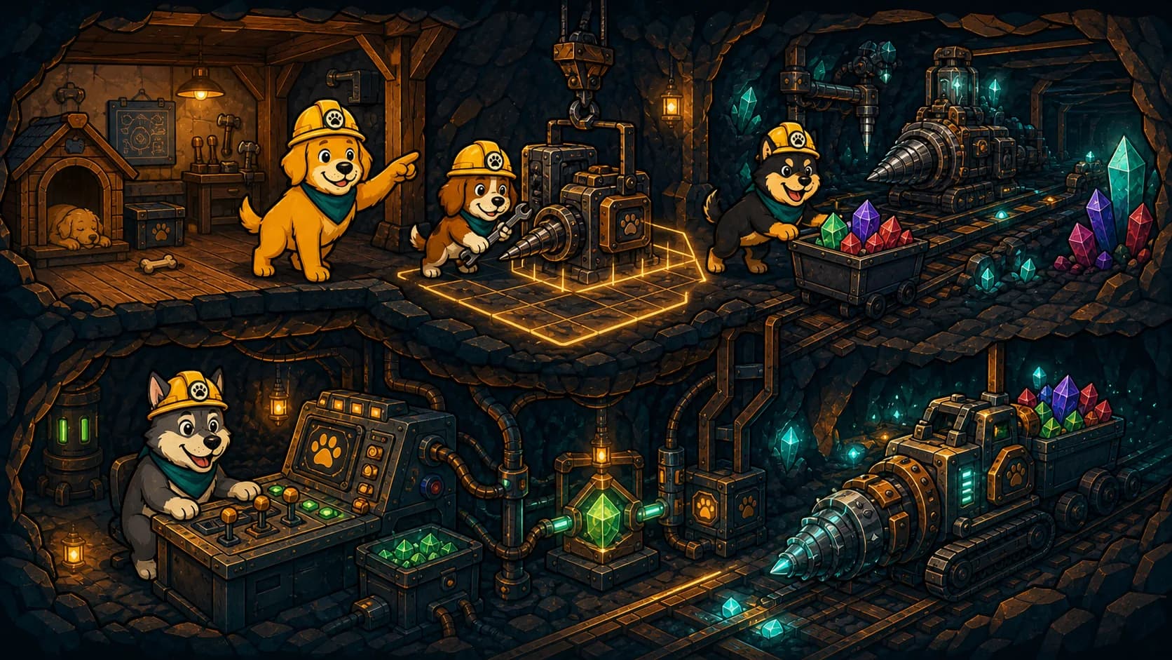 A cutaway Doggy Mining facility progressing from a simple kennel workshop to an advanced underground mine.