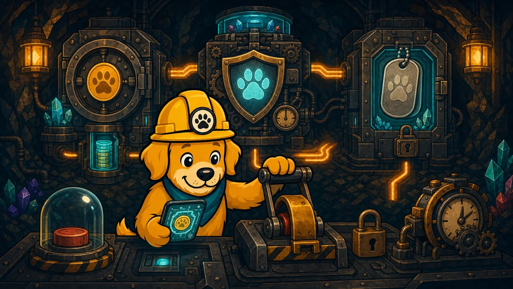 A golden retriever miner reviews a transaction console in front of linked coin, shielded game, and dog-tag ownership modules.
