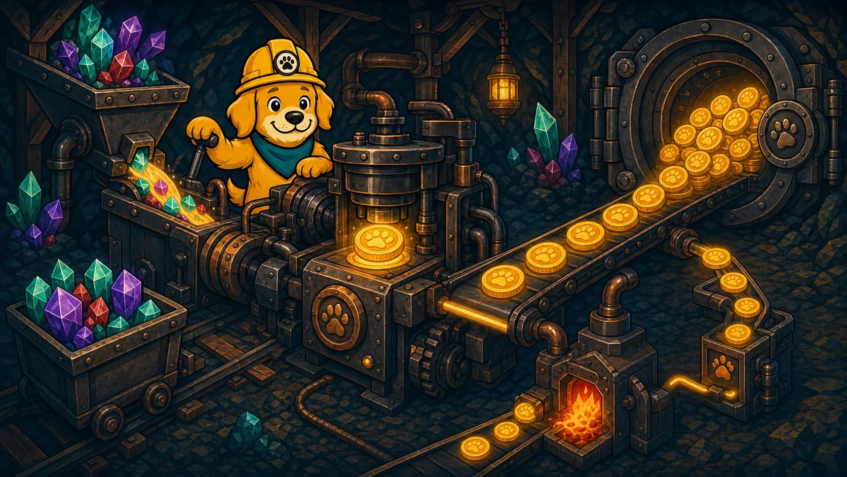 A golden retriever miner supervises a machine that turns gemstone ore into paw coins, routing coins toward a reward vault, burn furnace, and reserve.